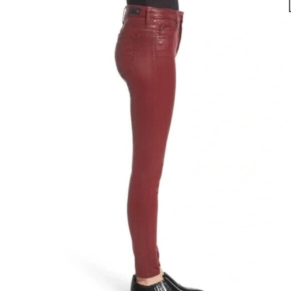 AG Farrah High Rise Ankle Skinny Coated Leatherette Jean, Rich Crimson